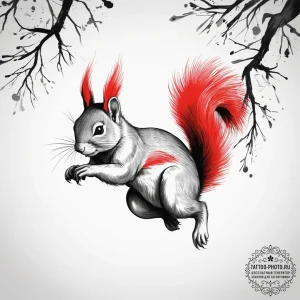 A squirrel mid-leap between two tree branches... - эскиз тату (№1753802309_0, 29.07.2025 15:18) — tattoo-photo.ru