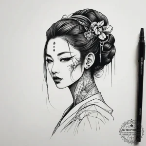 Cyborg geisha, artistic tattoo sketch, detail... - эскиз тату (№1753804894_0, 29.07.2025 16:01) — tattoo-photo.ru