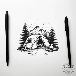 Tattoo design a small, minimalist camping sce... - эскиз тату (№1753808109_0, 29.07.2025 16:55) — tattoo-photo.ru