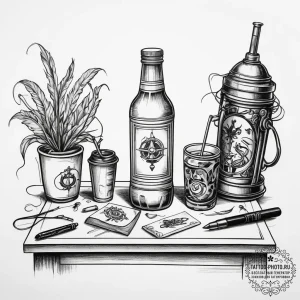 Tattoo sketch a gaming desk with a messy but... - эскиз тату (№1753813627_0, 29.07.2025 18:27) — tattoo-photo.ru