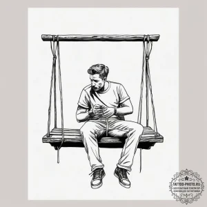 A person playing a harmonica on a porch swing... - эскиз тату (№1753815776_0, 29.07.2025 19:02) — tattoo-photo.ru