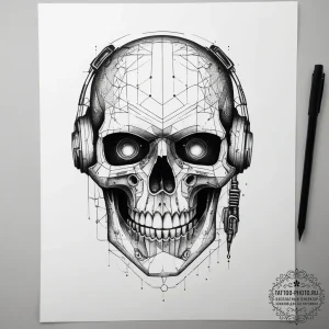 A skull with a glowing cyberpunk visor, ink i... - эскиз тату (№1753819069_0, 29.07.2025 19:57) — tattoo-photo.ru