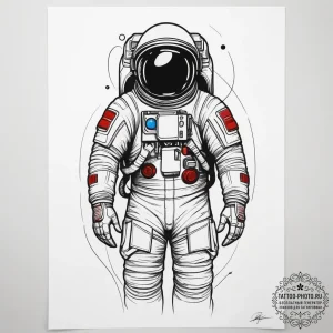 Astronaut, tattoo line art, black and red ink... - эскиз тату (№1753822543_0, 29.07.2025 20:55) — tattoo-photo.ru