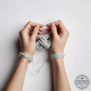 A person's hands tying a complex knot with a... - эскиз тату (№1753830093_0, 29.07.2025 23:01) — tattoo-photo.ru