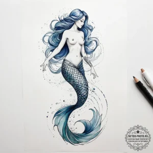 Tattoo sketch a dramatic, flowing mermaid's t... - эскиз тату (№1753830479_0, 29.07.2025 23:07) — tattoo-photo.ru