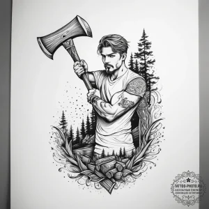 A person splitting logs with an axe., artisti... - эскиз тату (№1753832802_0, 29.07.2025 23:46) — tattoo-photo.ru