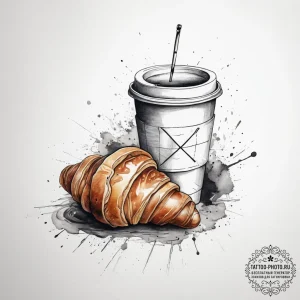 Tattoo sketch a coffee cup on one, a croissan... - эскиз тату (№1753871798_0, 30.07.2025 10:36) — tattoo-photo.ru
