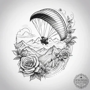 A paraglider soaring over a mountainous valle... - эскиз тату (№1753873963_0, 30.07.2025 11:12) — tattoo-photo.ru