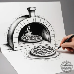 A rustic, artisanal pizza being pulled from a... - эскиз тату (№1753874160_0, 30.07.2025 11:16) — tattoo-photo.ru
