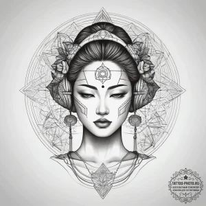 Cyborg geisha, tattoo drawing outline, on a c... - эскиз тату (№1753875933_0, 30.07.2025 11:45) — tattoo-photo.ru