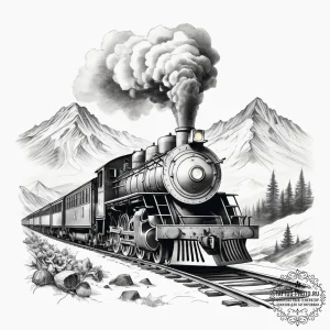 A powerful steam locomotive chugging through... - эскиз тату (№1753887441_0, 30.07.2025 14:57) — tattoo-photo.ru