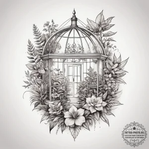 The interior of a greenhouse, humid and fille... - эскиз тату (№1753888616_0, 30.07.2025 15:16) — tattoo-photo.ru