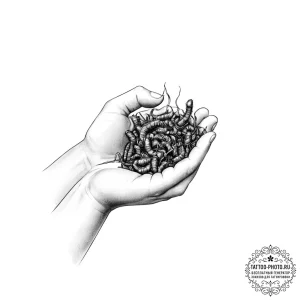 A child's hand holding a fistful of earthworm... - эскиз тату (№1753893141_0, 30.07.2025 16:32) — tattoo-photo.ru