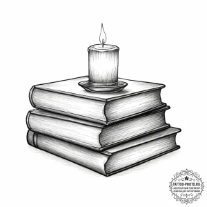 A stack of old books with a lit candle on top - эскиз тату (№1753898974_0, 30.07.2025 18:09) — tattoo-photo.ru