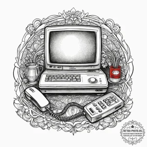 A 1980s office with bulky crt monitors, beige... - эскиз тату (№1753909079_0, 30.07.2025 20:57) — tattoo-photo.ru