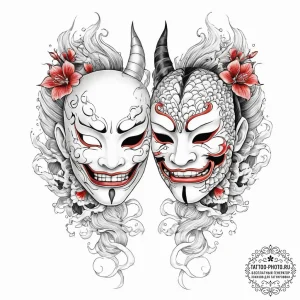 Tattoo design two halves of a theatre mask, o... - эскиз тату (№1753909275_0, 30.07.2025 21:01) — tattoo-photo.ru