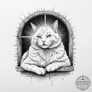 A fluffy ginger cat napping in a sunbeam on a... - эскиз тату (№1753909473_0, 30.07.2025 21:04) — tattoo-photo.ru