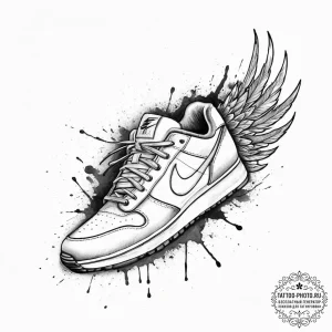 Tattoo sketch a runner's shoe with wings., co... - эскиз тату (№1753913246_0, 30.07.2025 22:07) — tattoo-photo.ru