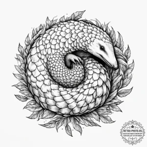 A pangolin curled up, concept art for tattoo,... - эскиз тату (№1753914819_0, 30.07.2025 22:33) — tattoo-photo.ru