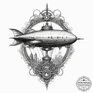 Steampunk airship, tattoo sketch design, clea... - эскиз тату (№1753916016_0, 30.07.2025 22:53) — tattoo-photo.ru