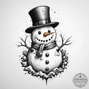 A close-up of a melting snowman., artistic ta... - эскиз тату (№1753918408_0, 30.07.2025 23:33) — tattoo-photo.ru