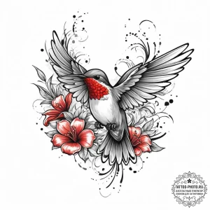 A tiny, colorful hummingbird hovering next to... - эскиз тату (№1753918999_0, 30.07.2025 23:43) — tattoo-photo.ru