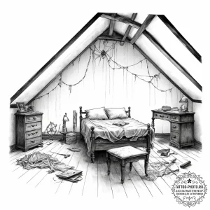 An old, forgotten attic filled with antique f... - эскиз тату (№1753919983_0, 30.07.2025 23:59) — tattoo-photo.ru
