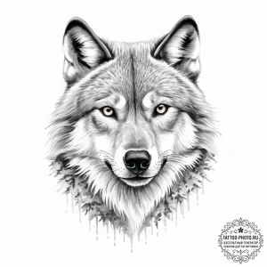 The intense, focused gaze of a wolf in a snow... - эскиз тату (№1753922346_0, 31.07.2025 00:39) — tattoo-photo.ru