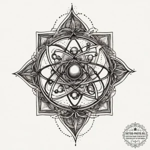 Atom, concept art for tattoo, on a clean whit... - эскиз тату (№1753927821_0, 31.07.2025 02:10) — tattoo-photo.ru