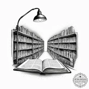 The interior of an old, dusty library at nigh... - эскиз тату (№1753930352_0, 31.07.2025 02:52) — tattoo-photo.ru