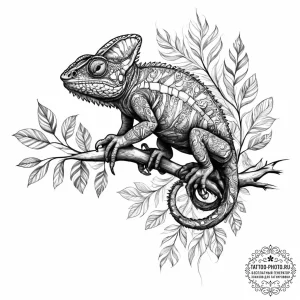 A chameleon perfectly camouflaged on a leafy... - эскиз тату (№1753935591_0, 31.07.2025 04:19) — tattoo-photo.ru