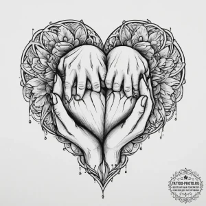 Tattoo design a heart made of two hands holdi... - эскиз тату (№1753937927_0, 31.07.2025 04:58) — tattoo-photo.ru