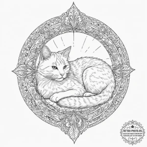 A fluffy ginger cat napping in a sunbeam on a... - эскиз тату (№1753941039_0, 31.07.2025 05:50) — tattoo-photo.ru