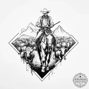 A shot of a lone cowboy herding cattle at sun... - эскиз тату (№1753942594_0, 31.07.2025 06:16) — tattoo-photo.ru