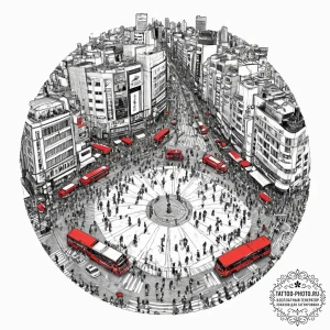 The organized chaos of shibuya crossing in to... - эскиз тату (№1753943374_0, 31.07.2025 06:29) — tattoo-photo.ru