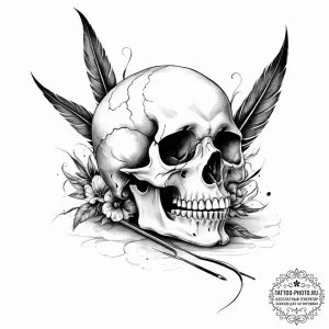 A skull used as an inkwell with a quill - эскиз тату (№1753945333_0, 31.07.2025 07:02) — tattoo-photo.ru