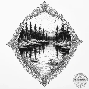 Tattoo design a calm lake with a fantasy crea... - эскиз тату (№1753960332_0, 31.07.2025 11:12) — tattoo-photo.ru