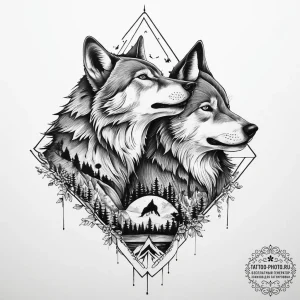 Tattoo sketch a pair of wolves howling togeth... - эскиз тату (№1753960722_0, 31.07.2025 11:18) — tattoo-photo.ru