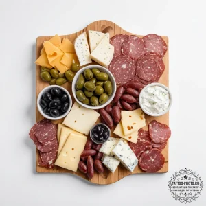 A charcuterie board with a variety of cheeses... - эскиз тату (№1753963072_0, 31.07.2025 11:57) — tattoo-photo.ru