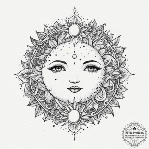 Tattoo sketch a sun and moon intertwined with... - эскиз тату (№1753976521_0, 31.07.2025 15:42) — tattoo-photo.ru