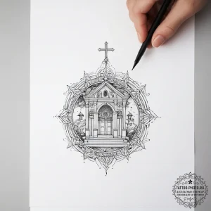 The quiet interior of a monastery., artistic... - эскиз тату (№1753981249_0, 31.07.2025 17:00) — tattoo-photo.ru
