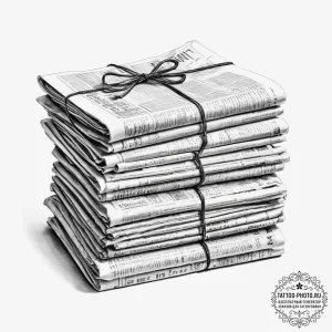 A close-up of a stack of old, yellowed newspa... - эскиз тату (№1753983897_0, 31.07.2025 17:44) — tattoo-photo.ru