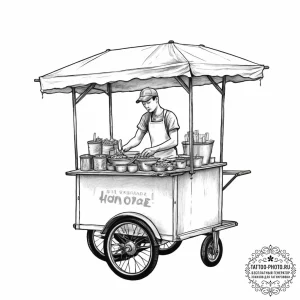 A street food vendor serving noodles from a c... - эскиз тату (№1753988540_0, 31.07.2025 19:02) — tattoo-photo.ru