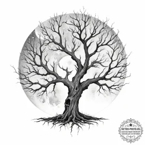 A gnarled, dead tree against a full moon - эскиз тату (№1753990339_0, 31.07.2025 19:32) — tattoo-photo.ru