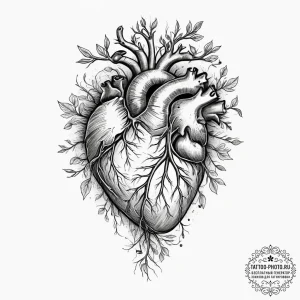 Anatomical heart with roots growing into the... - эскиз тату (№1753990736_0, 31.07.2025 19:38) — tattoo-photo.ru