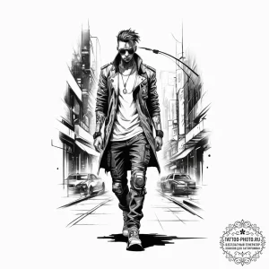 Tattoo design a cyberpunk street scene with a... - эскиз тату (№1753994756_0, 31.07.2025 20:45) — tattoo-photo.ru