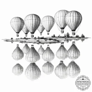 A group of hot air balloons reflected in a ca... - эскиз тату (№1753998613_0, 31.07.2025 21:50) — tattoo-photo.ru