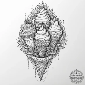Ice cream, tattoo line art, clean lines, cris... - эскиз тату (№1754000831_0, 31.07.2025 22:27) — tattoo-photo.ru