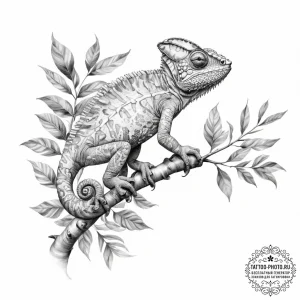 A chameleon perfectly camouflaged on a leafy... - эскиз тату (№1754001232_0, 31.07.2025 22:33) — tattoo-photo.ru