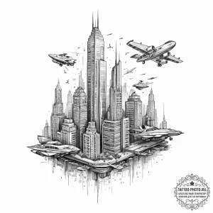 Tattoo design a retro pixelated cityscape wit... - эскиз тату (№1754003003_0, 31.07.2025 23:03) — tattoo-photo.ru